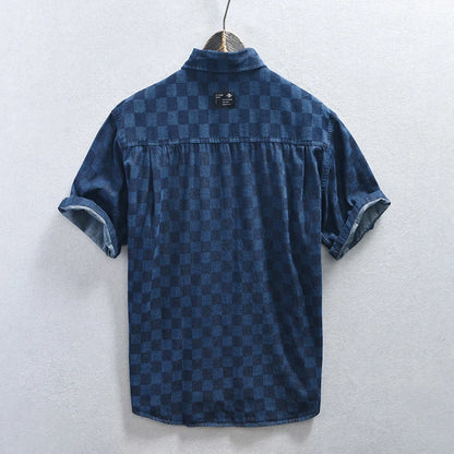 Checkered Short Sleeved Denim Shirt