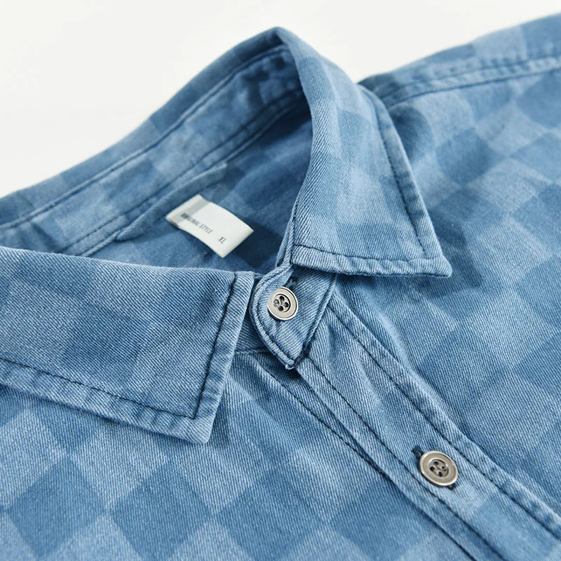 Checkered Short Sleeved Denim Shirt