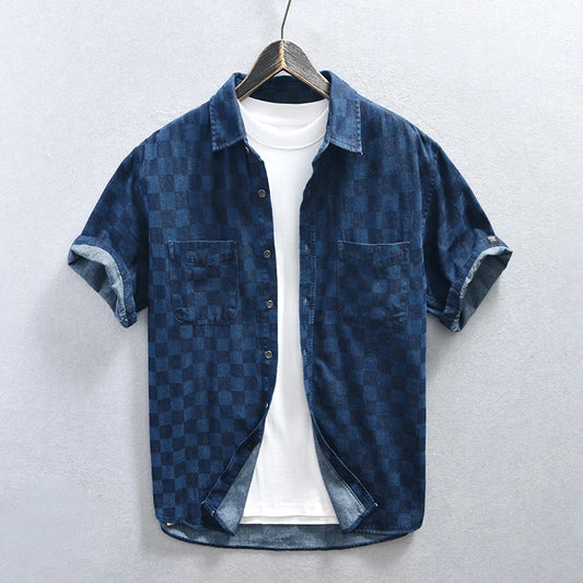 Checkered Short Sleeved Denim Shirt