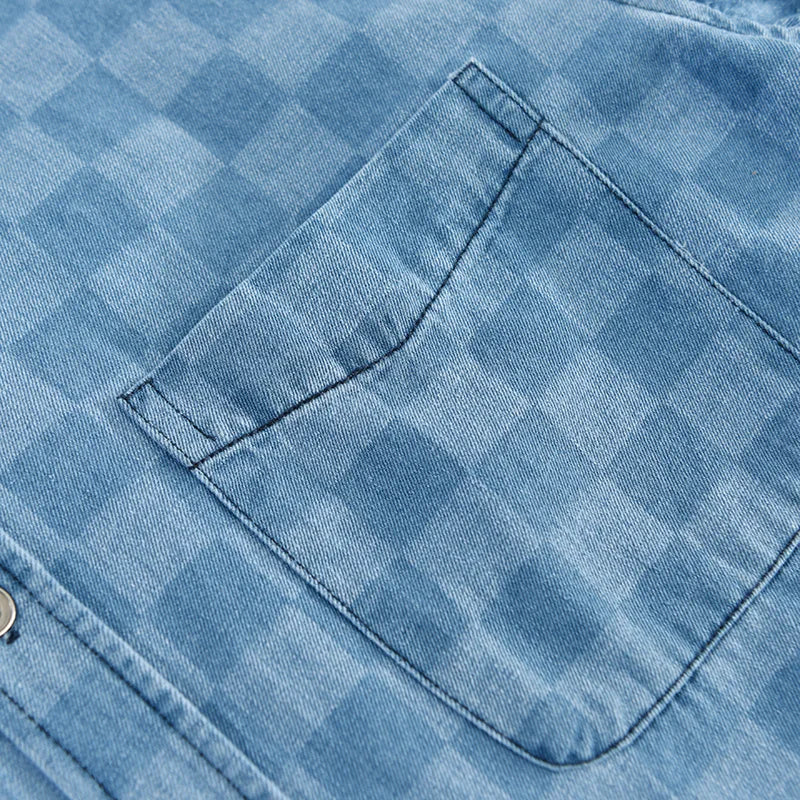 Checkered Short Sleeved Denim Shirt