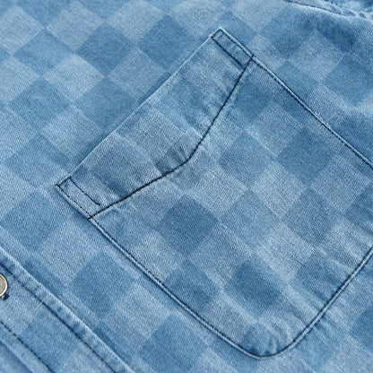 Checkered Short Sleeved Denim Shirt