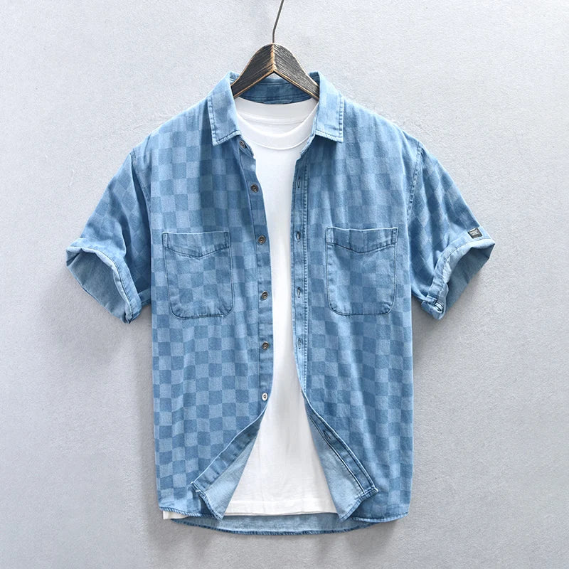 Checkered Short Sleeved Denim Shirt