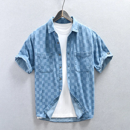Checkered Short Sleeved Denim Shirt